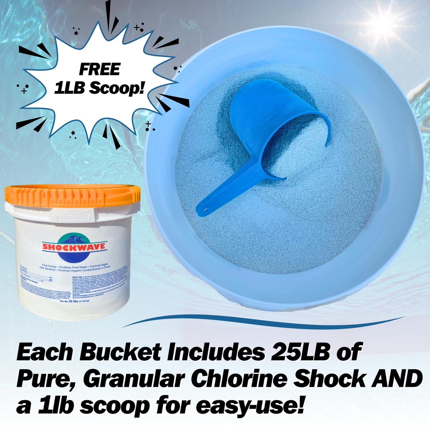 Super Shockwave Pool Shock – 73% Cal-Hypo Granular Sanitizer for Crystal Clear Water – Defends Against Bacteria, Algae, and Microorganisms - 25 Pounds