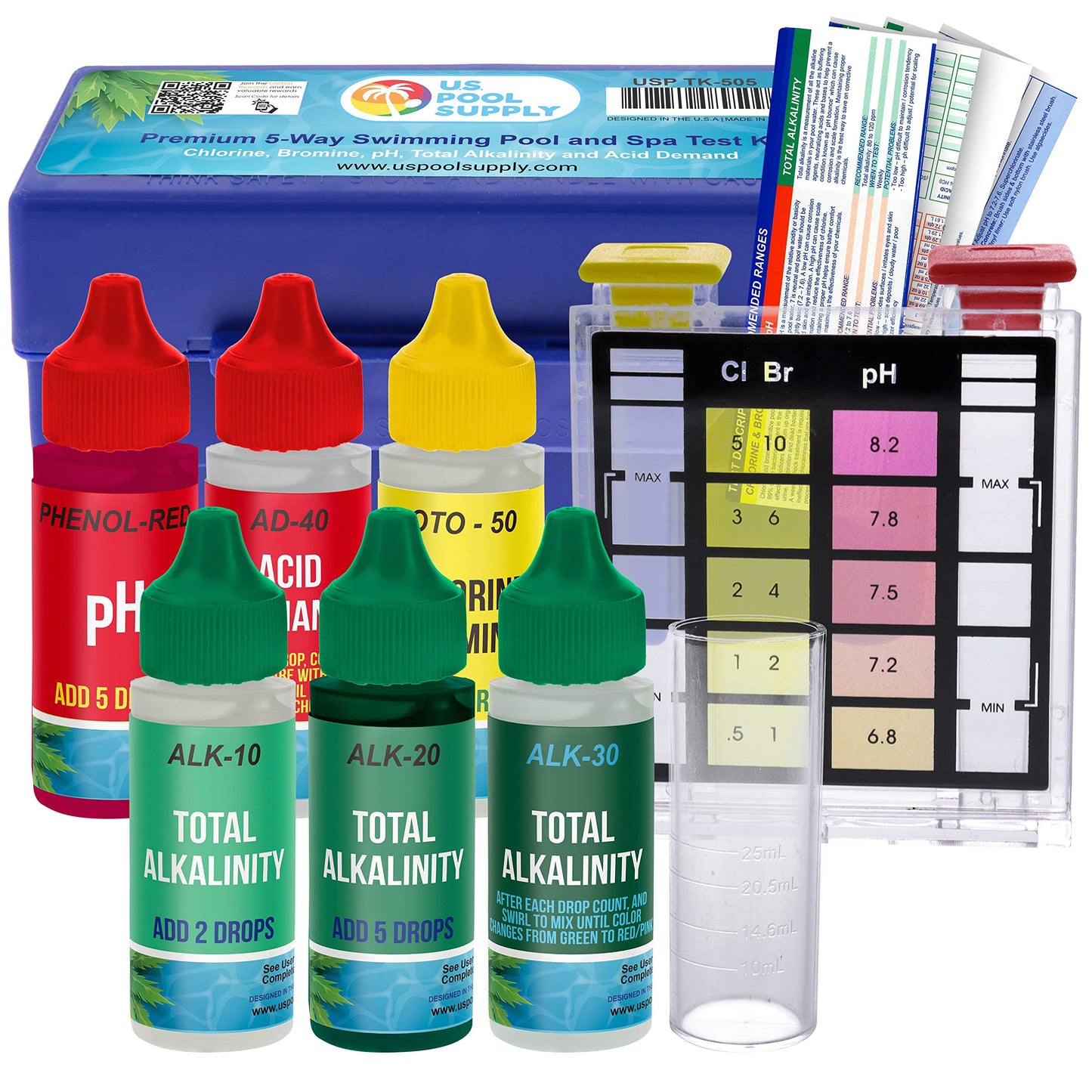 U.S. Pool Supply 5-in-1 Pool Test Kit - Pool Water Testing Kit, Accurate Chemical Test for pH, Chlorine, Bromine, Alkalinity, Acid Demand - Residential Home Swimming Inground Above Ground, Hot Tub Spa