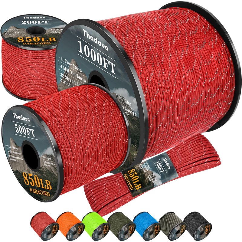 Thadavo 850Ib Reflective Paracord Rope, 50/100/200/500/1000ft 4MM 11 Strand Cords Lanyard Utility Parachute Cord for Tent Camping Hiking Fishing Survival Tactical Clothesline DIY Projects, Red 100FT