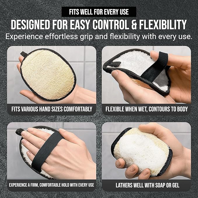 Natural Loofah Shower Body Scrubber for Men, Egyptian Luffa Sponge Exfoliating Loofah, Body Sponges for Shower, Mens Hygiene Essentials, Bath Loofahs Body Scrubber Shower Tool - 2PCS Black & White Set