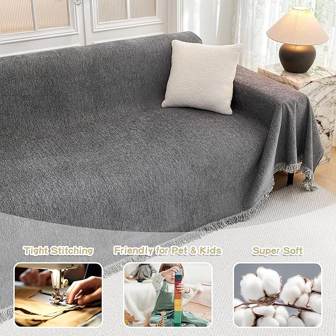 MYSKY HOME Oversized Couch Cover Sofa Covers Couch Covers for 3 Cushion Couch Sofa Pet Friendly L Shaped Couch Cover Sectional Couch Cover Non Slip Furniture Protector for Kids, 91"x150", Dark Grey