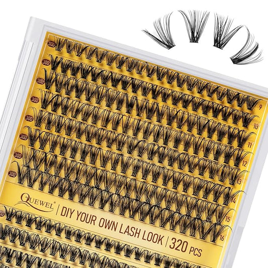 QUEWEL Lash Clusters 320Pcs Cluster Lashes 30D+40D C Curl Lash Cluster Eyelash Extensions Mix9-16mm Individual Eyelashes Clusters Wispy Lash Clusters Thin Band Soft to Use at Home(30D+40D C Mix9-16)