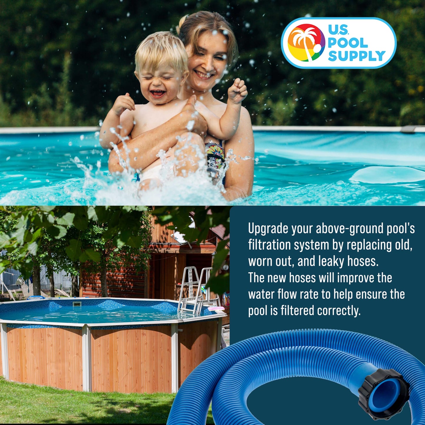 U.S. Pool Supply Above Ground Pool Hose Replacement 1.5" Diameter x 59" Long, Pack of 2, Blue - Compatible with Intex 29060E, Pool Filter Pump Hoses, Sand Filters, Saltwater Systems 1,500 to 2,500 GPH