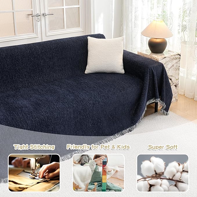 MYSKY HOME Couch Cover for Dogs Washable Couch Covers for 3 Cushion Couch Sofa Super Soft Sofa Slipcover Non Slip Sofa Cover, Chenille Sofa Covers for Dogs, Furniture Protector, 91"x134", Navy Blue