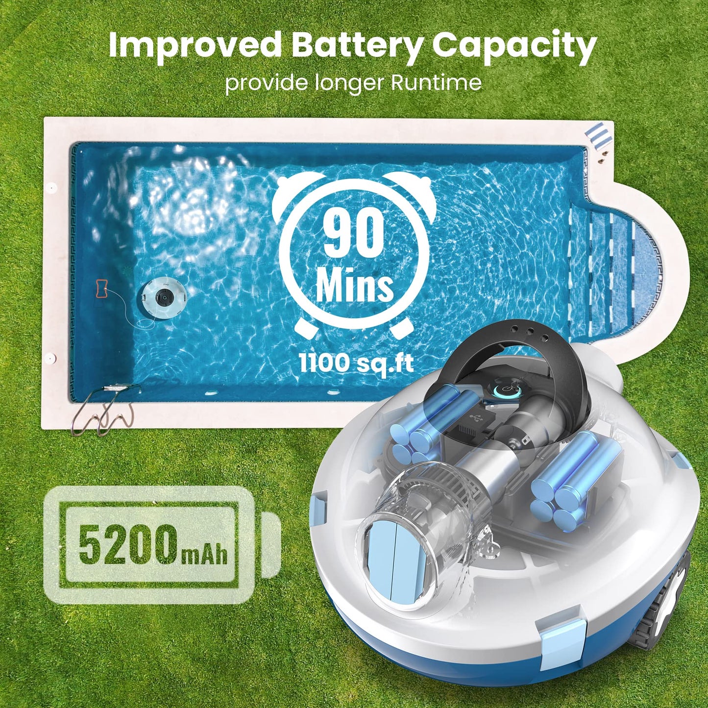 Y10 Cordless Robotic Pool Cleaner, Automatic Pool Vacuum - 90 Mins Runtime, Powerful Suction, Self-Parking, Lightweight for Above/Inground Pools Up to 65ft/1100 Sq.Ft (White)