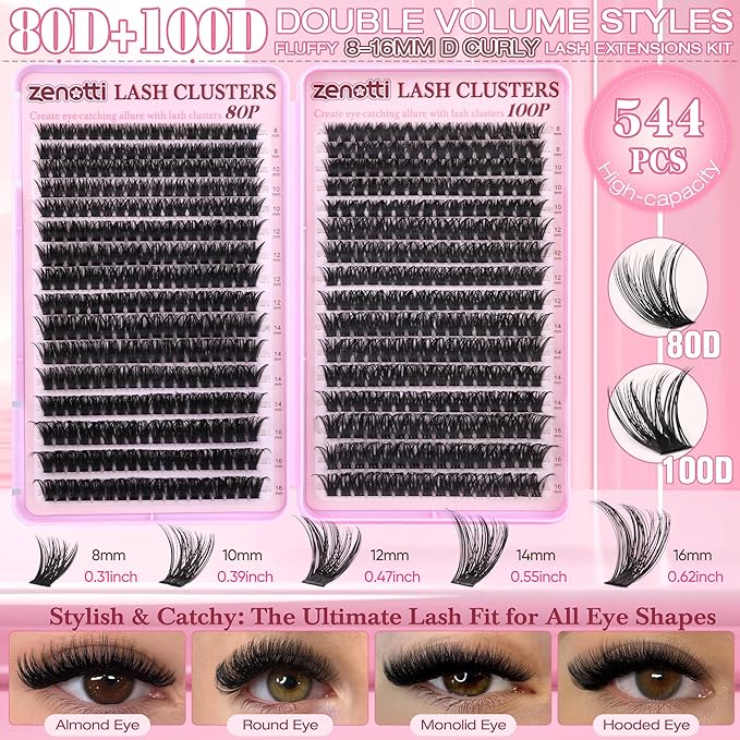 Lash Clusters 80D 100D Wispy Eyelash Clusters 544PCS Fluffy Cluster Eyelash Extensions D Curly Individual Lashes PestaÃÂ±as Postizas 8-16MM Lashes Extensions for Beginners withThin Band by zenotti