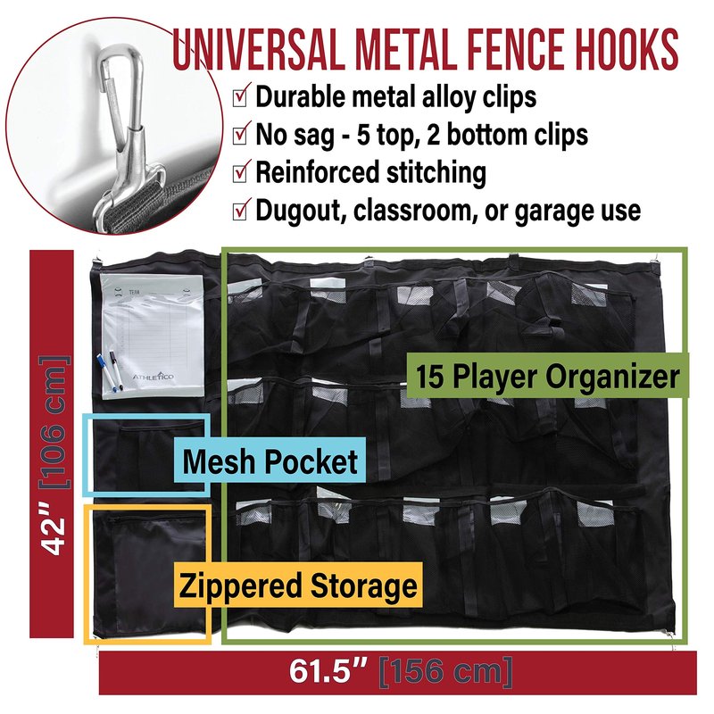 Athletico 15 Player Dugout Organizer - Hanging Baseball Helmet Bag to Organize Baseball Equipment Including Gloves, Helmets, Batting Gloves, Balls, & More