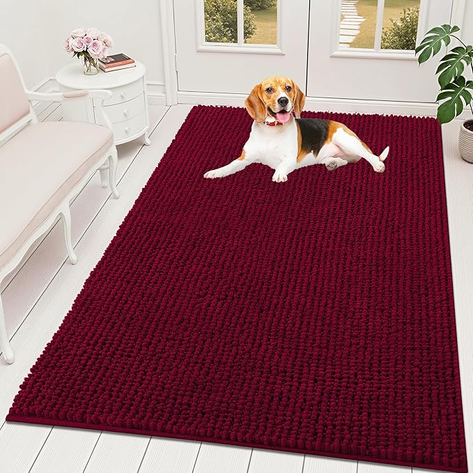 OLANLY Dog Door Mat for Muddy Paws 59x35, Ultra Absorbent Chenille Mud Doormat, Non-Slip Washable and Dirt Trapping Doormat for Indoor Entryway, Quick-Dry Indoor Pet Bed Mats for Dogs, Burgundy
