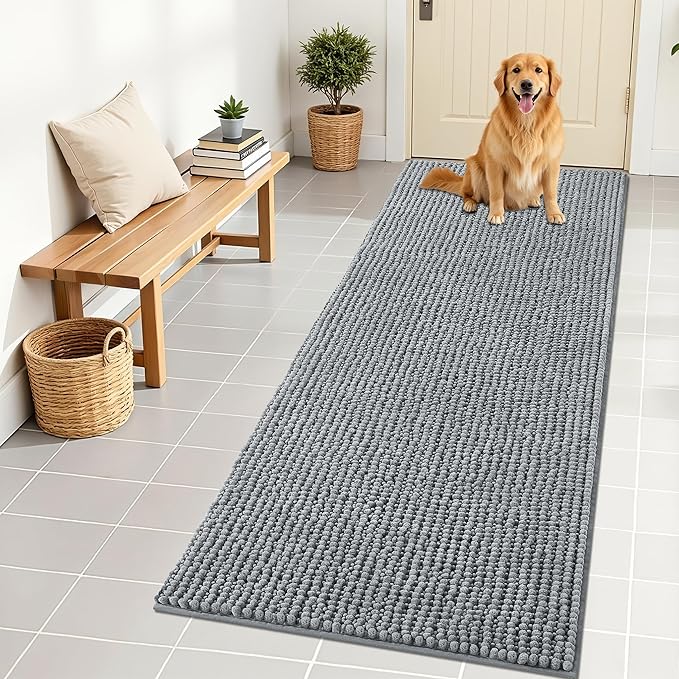 OLANLY Dog Door Mat for Muddy Paws 70x24, Ultra Absorbent Chenille Mud Doormat, Non-Slip Washable and Dirt Trapping Doormat for Indoor Entryway, Quick-Dry Indoor Pet Bed Mats for Dogs, Grey