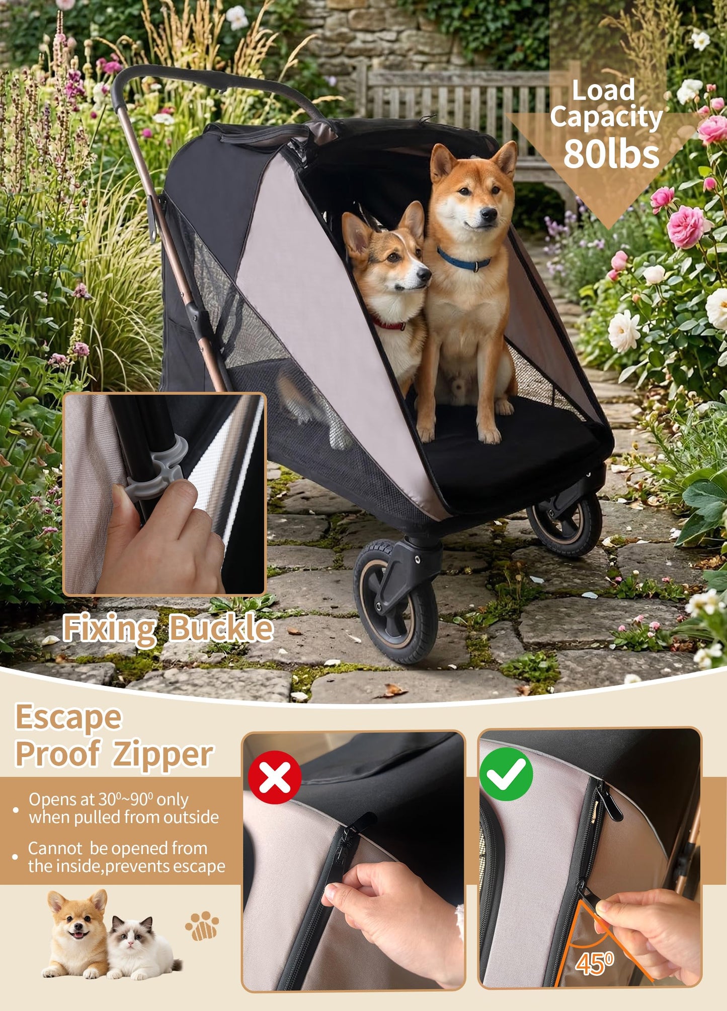 Dog Stroller for Large & Medium Dogs, One-Click Folding 4 Wheel Pet Stroller for Large Dogs up to 80lbs, Easy Fold Dual Entry with One-Foot Brake, Reflective Tape Design with Breathable mesh