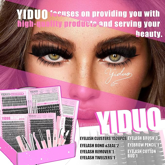 YIDUO 1520Pcs Lashes Clusters Kit with Spikes+Bottom 6 Styles 100D/200D/300D Cluster Lash Extension Kit with 2X Bond&Seal 10-20mm Volume Individual Eyelash Extension Kit Gift Packs