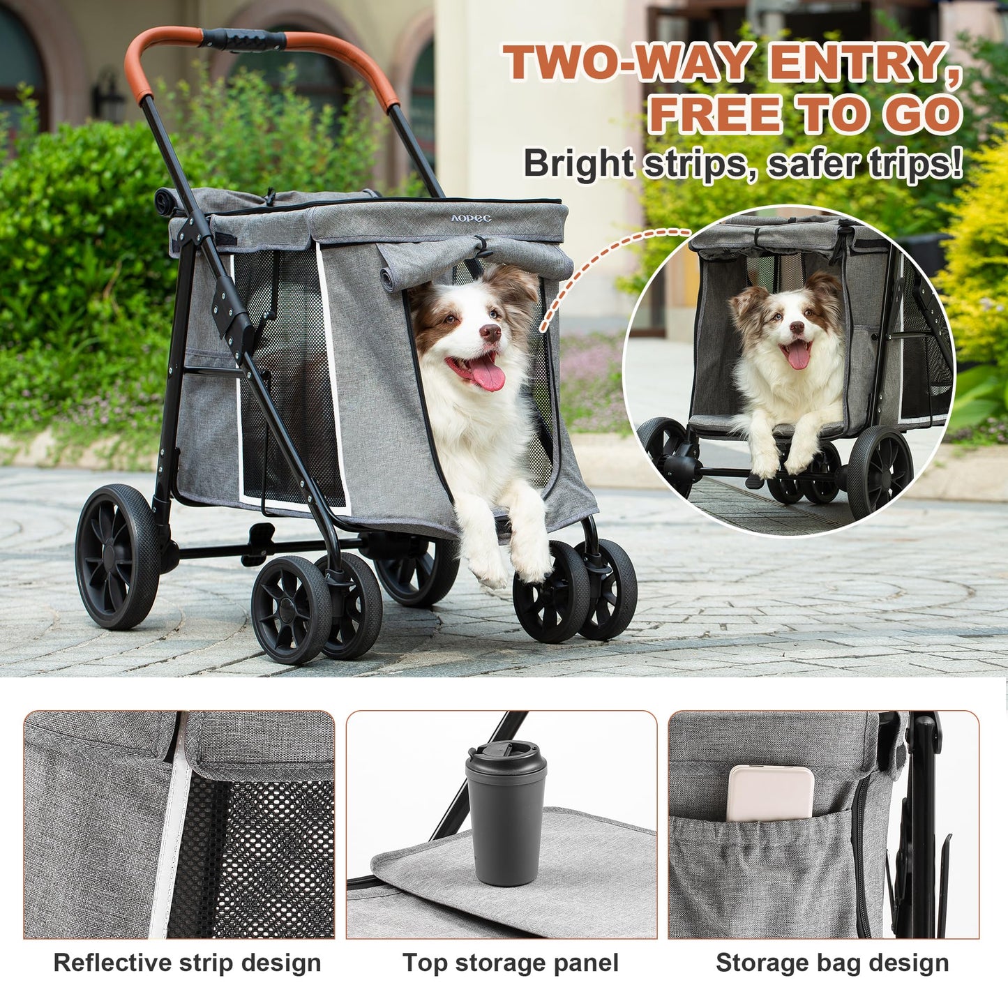 AOPEC Medium Dog Stroller, Dual Entry One-Touch Folding,Small and Medium Pet Stroller,360° Rotating Front Wheels,80 lbs Weight Capacity for Outdoor Travel and Elderly Dogs - Gray