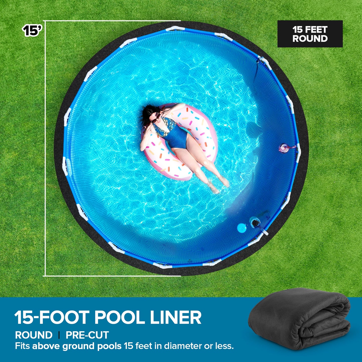 Above Ground Pool Liner Pad, 15' Foot Round, Pre-Cut Heavy Duty Outdoor Pool Pads for Above Ground Pools, Black Swimming Pool Liners for Padding and Protection, Thick Pool Mats to Prevent Punctures