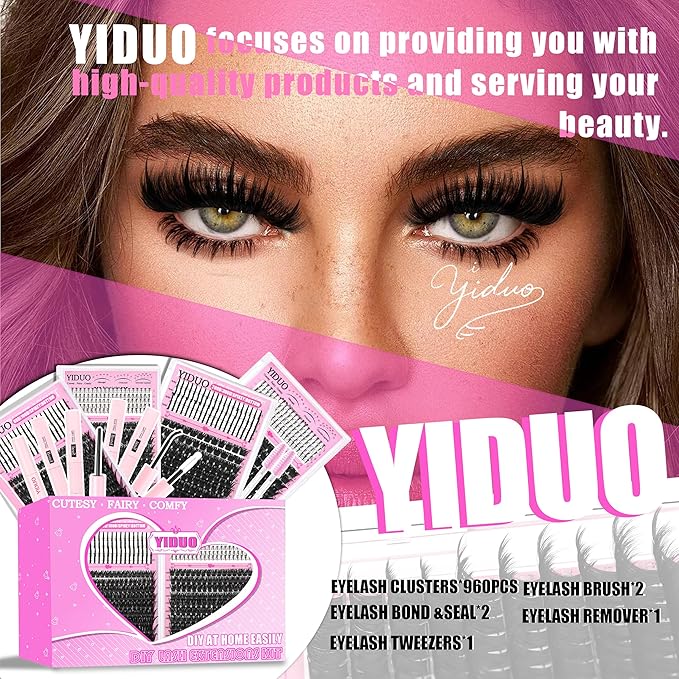 YIDUO 960Pcs Lashes Clusters Kit 80D+100D+200D+300D+Spikes+Bottom Thick Clusters Lash Extensions Kit with 2 Bond and Seal 10-20mm Wispy 3D Volume Individual Eyelash Cluster Kit DIY at Home Easily