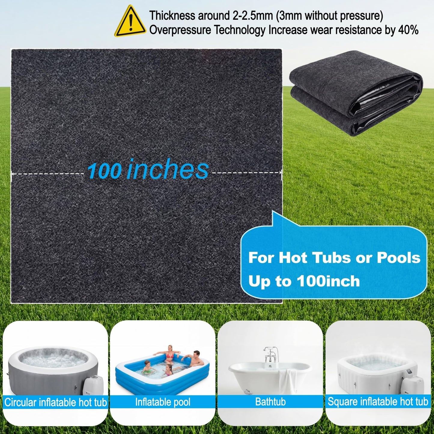 Upgraded 100 * 100 inch Square Hot Tub Mat, Extra Large Inflatable Hot Tub Pad Outdoor Indoor, Waterproof Slip-Proof Backing, Absorbent Spa Pool Ground Base Flooring Protector Mat