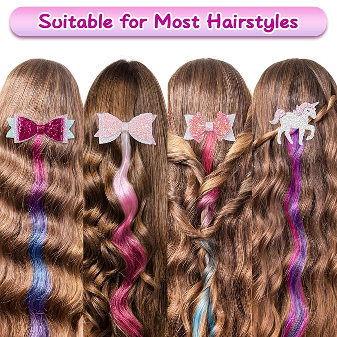 6 Pieces Unicorn Hair Clips for Girls, Bow Curly Rainbow Hair Extensions for Kids, Little Girl Hair Clips Accessories for Ponytails Princess Dress Up