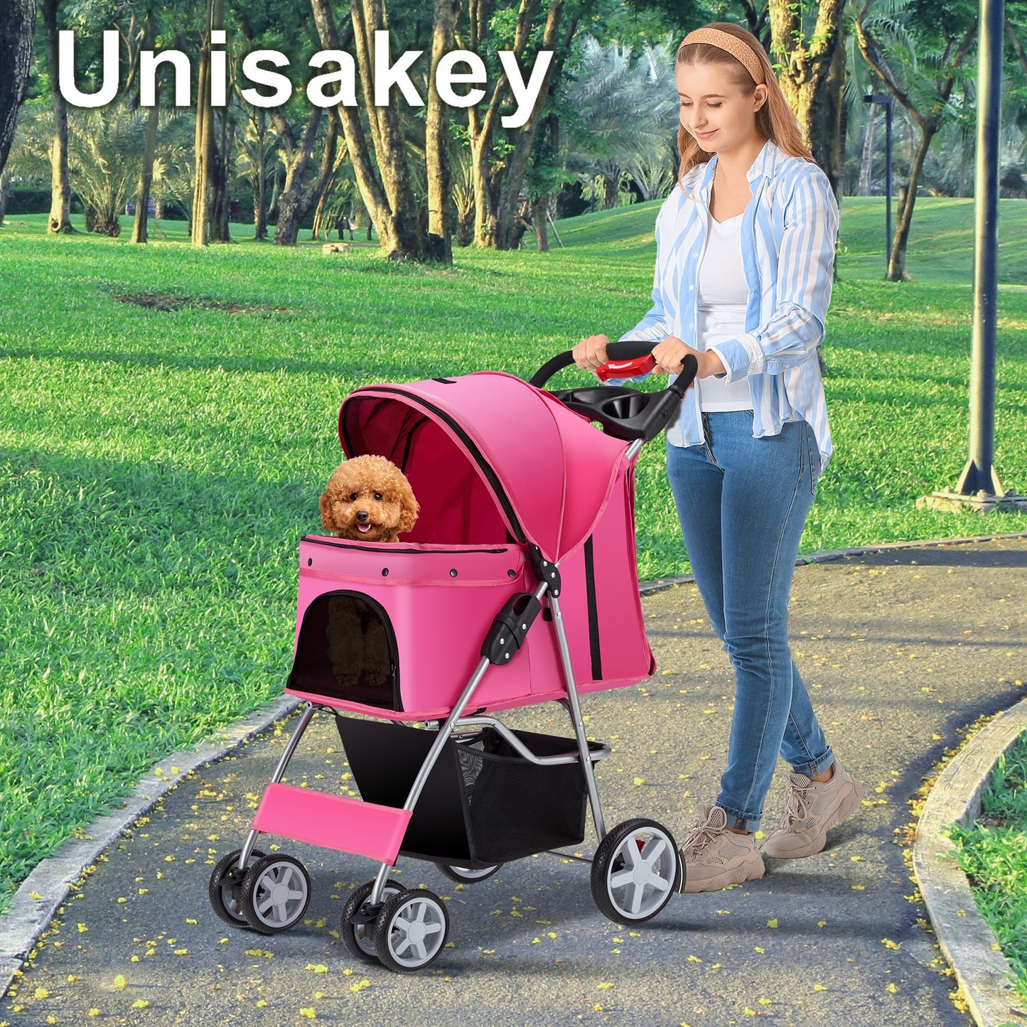 Unisakey 4 Wheels Pet Stroller for Small Medium Dogs Cats 10-33 lbs, Foldable Dog and Cat Stroller with Cup Holder & Storage Basket & Breathable Mesh, Pet Strolling Cart for All-Season, Pink