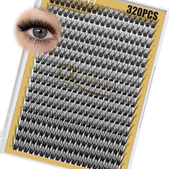 QUEWEL Lash Clusters 320Pcs Cluster Lashes 50D C Curl Lash Cluster Eyelash Extensions Mix12-18mm Individual Eyelashes Clusters Wispy Lash Clusters Thin Band Soft to Use at Home(50D C Mix12-18)