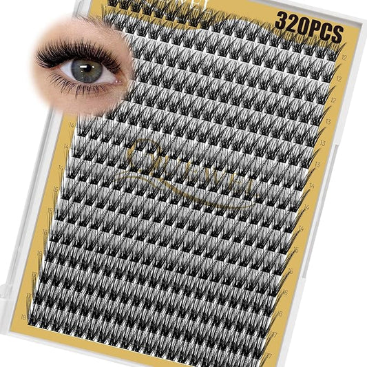 QUEWEL Lash Clusters 320Pcs Cluster Lashes 50D C Curl Lash Cluster Eyelash Extensions Mix12-18mm Individual Eyelashes Clusters Wispy Lash Clusters Thin Band Soft to Use at Home(50D C Mix12-18)