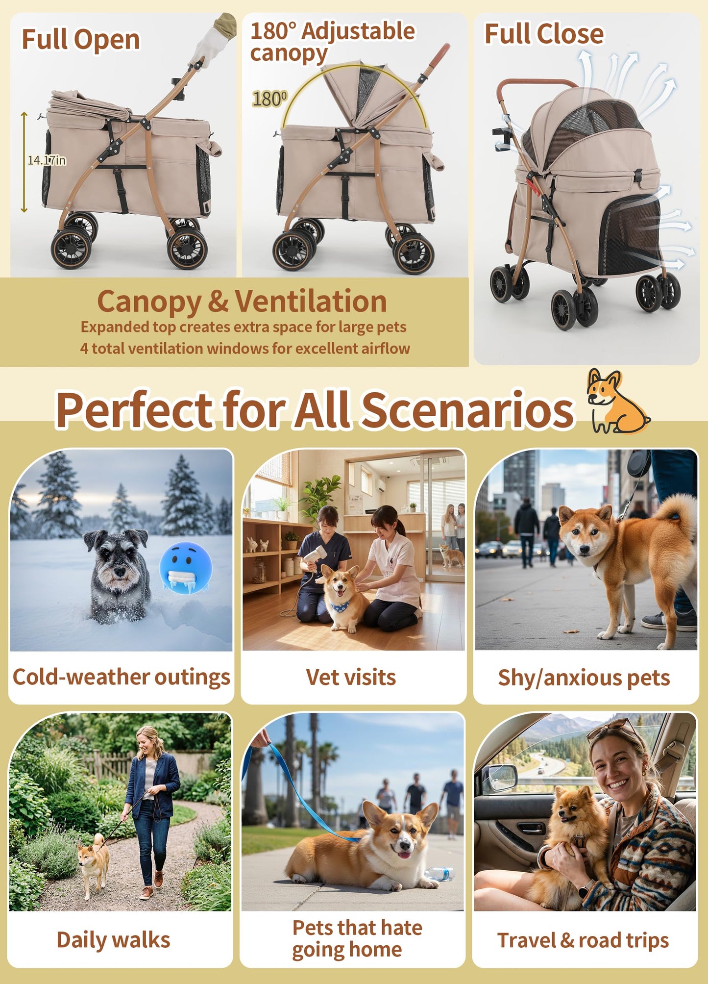 MILA&LOUIS Low-Profile Large Space Pet Stroller for Medium & Small Dogs, Suitable for Multi-Pet and Senior Dogs, 55lbs Max Load, 360° Swivel Front Wheels, One-Touch Foldable Design with Rear Brake