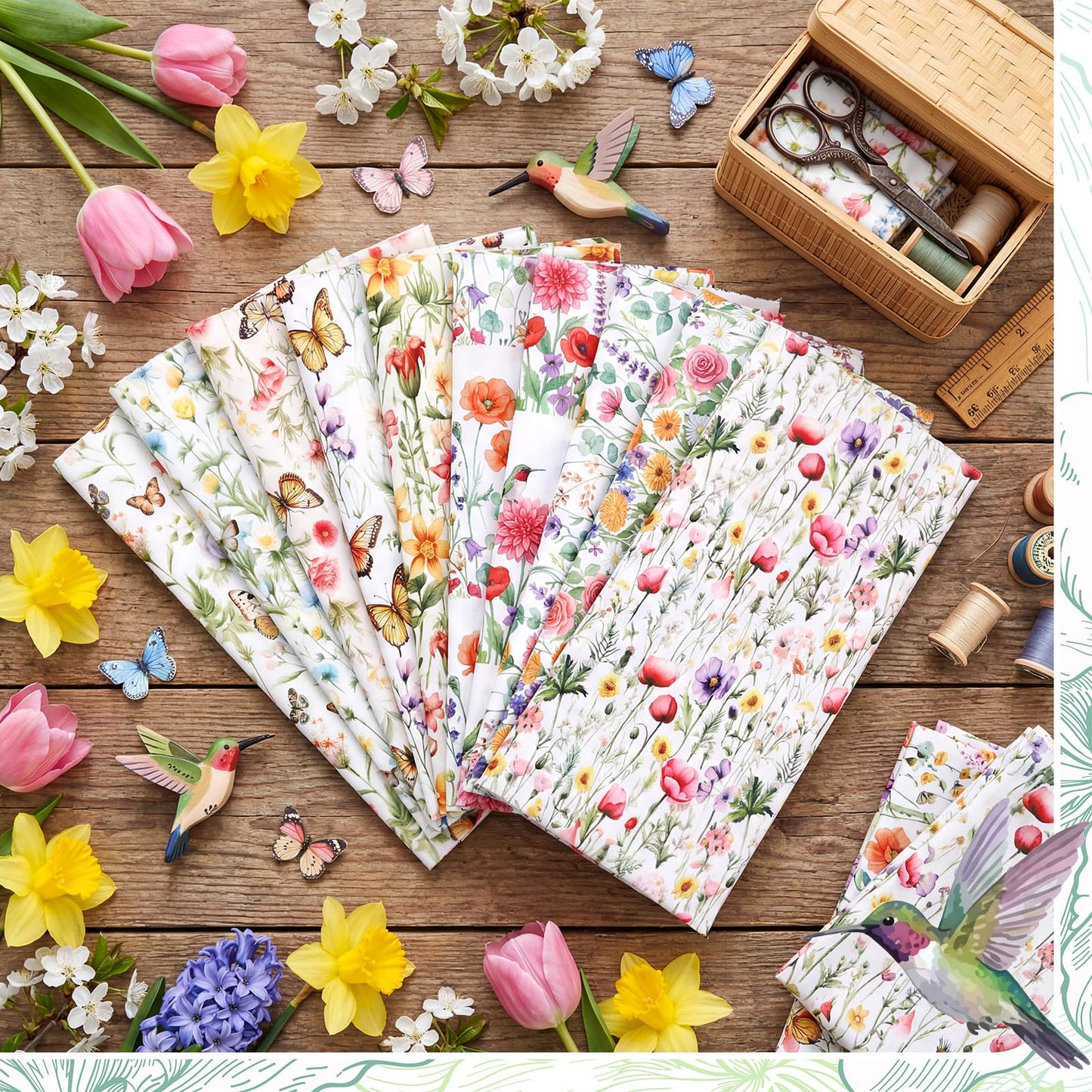 Hahafelt 10 Pcs Spring Wildflower Quilting Fabric Bundles 20 x 20 Inch Floral Hummingbird Butterfly Fat Quarters Squares Fabric by The Yard Precuts Patchwork for Summer DIY Sewing Craft Party Decor