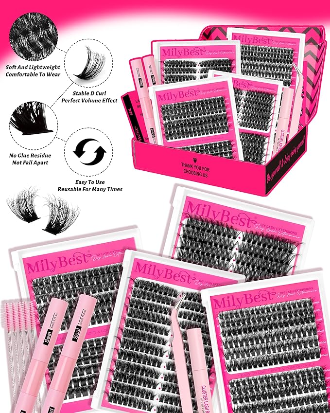 MilyBest 4 Styles Lash Clusters Kit 864Pcs Eyelash Clusters Lash Kit Volume Lashes Clusters D Curl DIY Individual False Eyelashes with 2 Bond&Seal Wispy Bulk Cluster Eyelash Extensions Kit De Pestañas