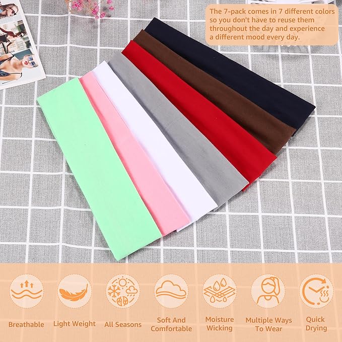 DiyJibb Headbands for Women, Stretchy Non Slip Soft Cotton Cloth Hair Bands for Sports, Workout, Yoga and Running, 7pcs