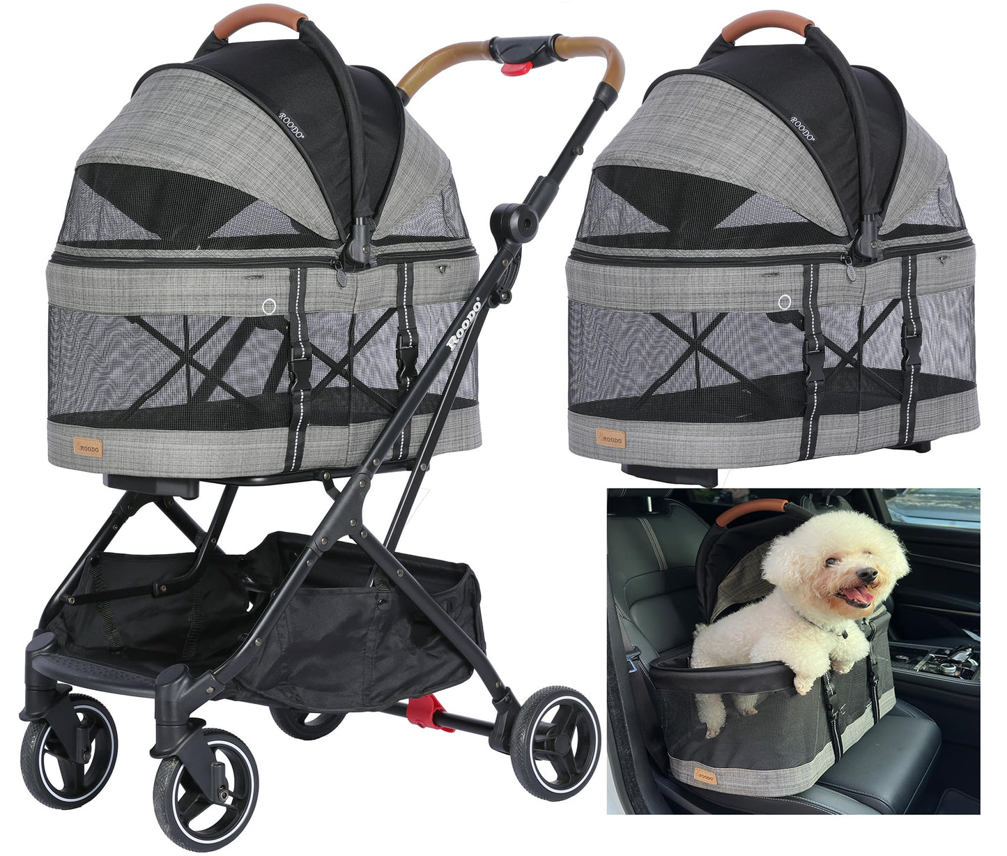 ROODO 2026 Upgraded Version 3-in-1 Dog Cat Stroller with Detachable Carrier Folding Lightweight Portable Travel Pet Gear All-Terrain Puppy Doggie Kitty Bunny Stroller for 35 lbs(Grey Lattice)