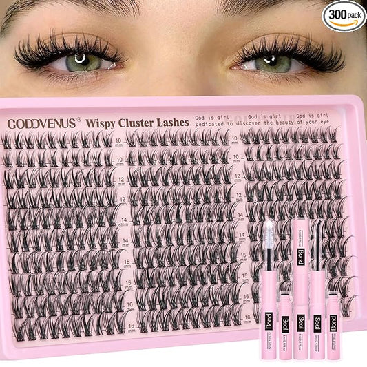Goddvenus Lash Clusters Kit Wispy Eyelash Clusters Lashes Natural DIY Lash Extension Kit 10-16mm Cluster Eyelash Extensions Kit 300pcs C Curl Individual Lashes Cluster Eyelash (No Tweezers)