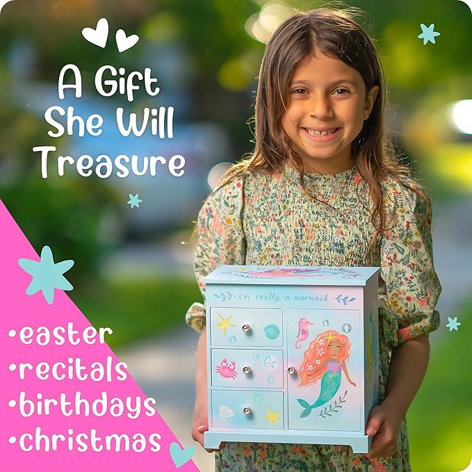 Giggle & Honey® Mermaid Musical Jewelry Box for Girls Kids Music Box with Drawers, Mermaid Mermaid Gifts for Girls, Mermaid Jewelry Boxes for Ages 3-10
