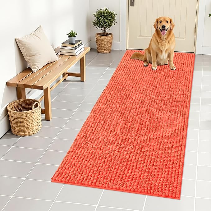 OLANLY Dog Door Mat for Muddy Paws 59x24, Ultra Absorbent Chenille Mud Doormat, Non-Slip Washable and Dirt Trapping Doormat for Indoor Entryway, Quick-Dry Indoor Pet Bed Mats for Dogs, Coral