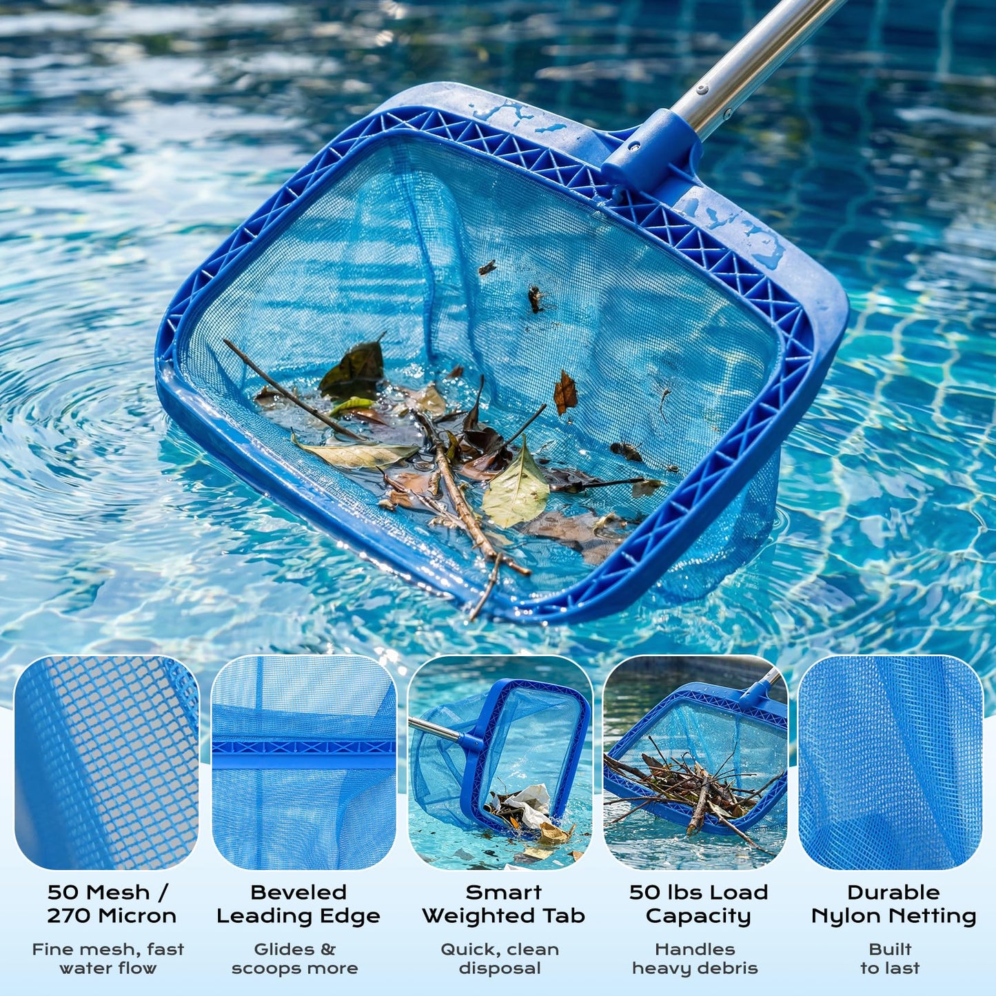 Pool Cleaning Kit with Telescopic Pole, Pool Net with Pole & Dual Skimmers – Premium Pool Accessories for Inground Pools