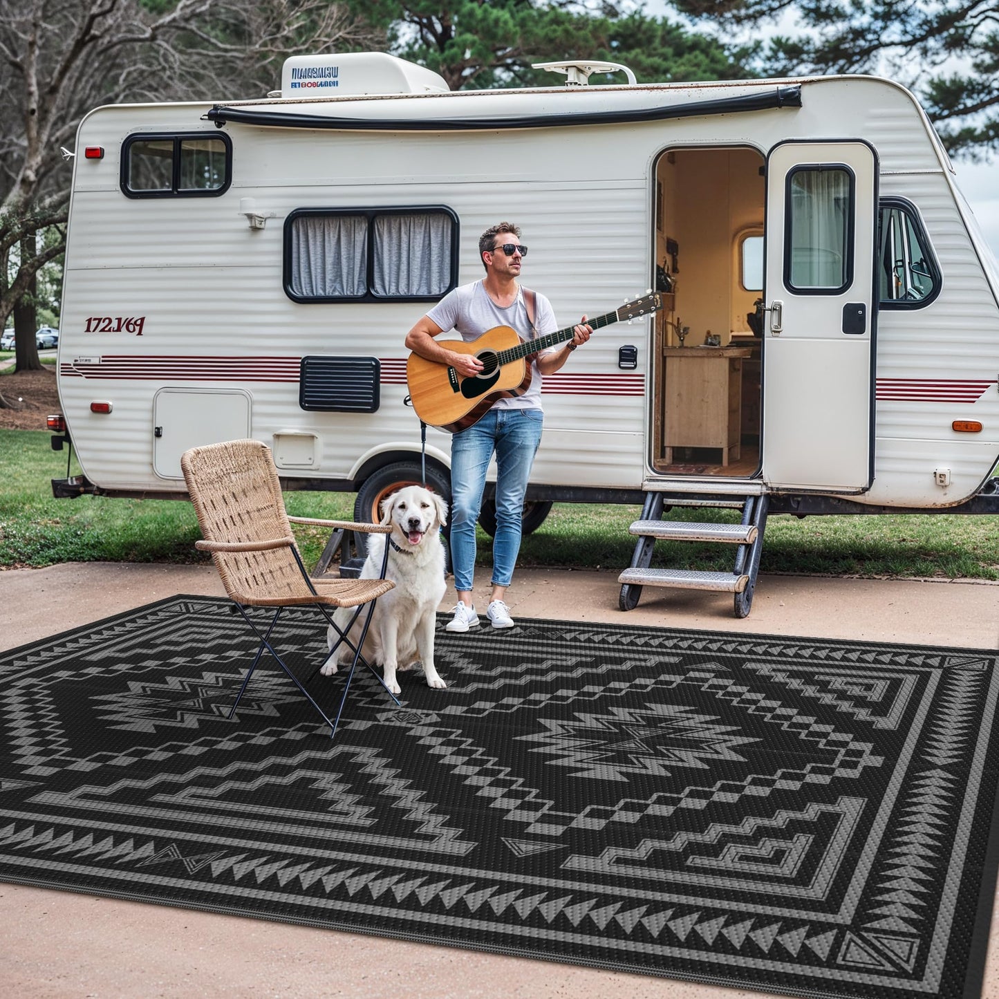 GENIMO Outdoor Rug for Patio Clearance - 6x9 ft Waterproof Plastic Camping Rugs, Reversible Outside Rv Mat Carpet for Porch, Deck, Picnic, Balcony, Beach, Backyard, Black Grey
