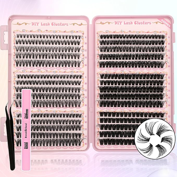 Lash Clusters Fluffy DIY Lash Clusters Kit Volume Lash Extension Kit 570Pcs Individual Lashes Clusters Thin Band Eyelash Extension Kit Lash Bond and Seal Lash Tweezers