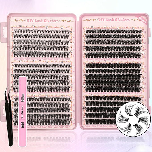 Lash Clusters Fluffy DIY Lash Clusters Kit Volume Lash Extension Kit 570Pcs Individual Lashes Clusters Thin Band Eyelash Extension Kit Lash Bond and Seal Lash Tweezers