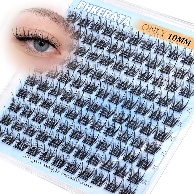 PHKERATA 10mm Natural Eyelash Clusters Wispy Lash Clusters C Curly Cluster Eyelash Extensions DIY Individual Lashes Soft Lash Extension with Thin Band, 110 pcs