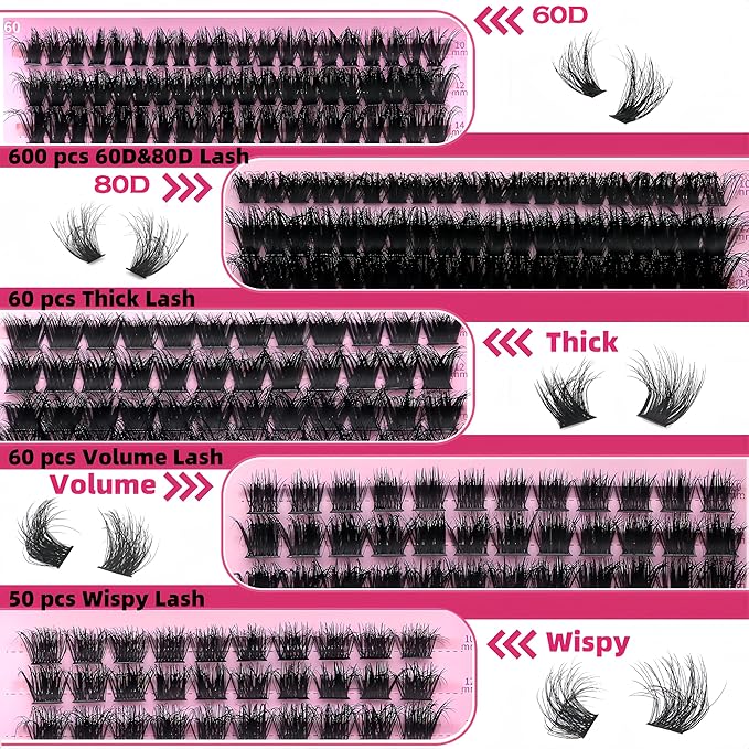 YIDUO Lash Clusters Kit with 2X Bond&Seal 770Pcs 5 style Thick Volume Clusters Lashes Extensions Kit Faux Mink Individual Wispy False Eyelashes Clusters Kit DIY at Home Easily