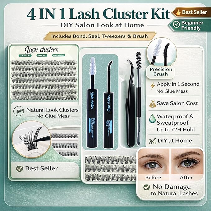 Lash Clusters Kit 640pcs Wispy Lash Clusters 30D+40D Eyelash Clusters D Curl Individual Lash Extensions Natural 9-16mm with Bond & Seal, Brush, Tweezers