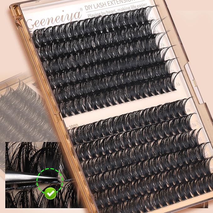 Geeneiya 16MM Volume Lash Clusters Kit DIY Lash Extension Kit D Curl Eyelash Extensions with Waterproof Lash Bond and Seal Waterproof Tweezers,Only 16MM, 80D+100D
