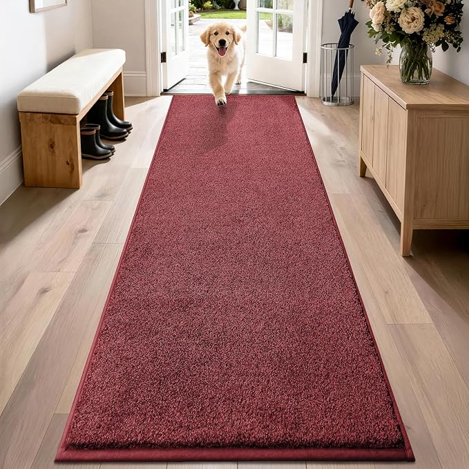 PURRUGS Dirt Trapping Door Mat 24" x 84", Non-Slip Machine Washable Entryway Rug, Dog Doormat, Indoor Front Door Mat, Super Absorbent Entry Rug for Muddy Shoes & Paws, Burgundy Red