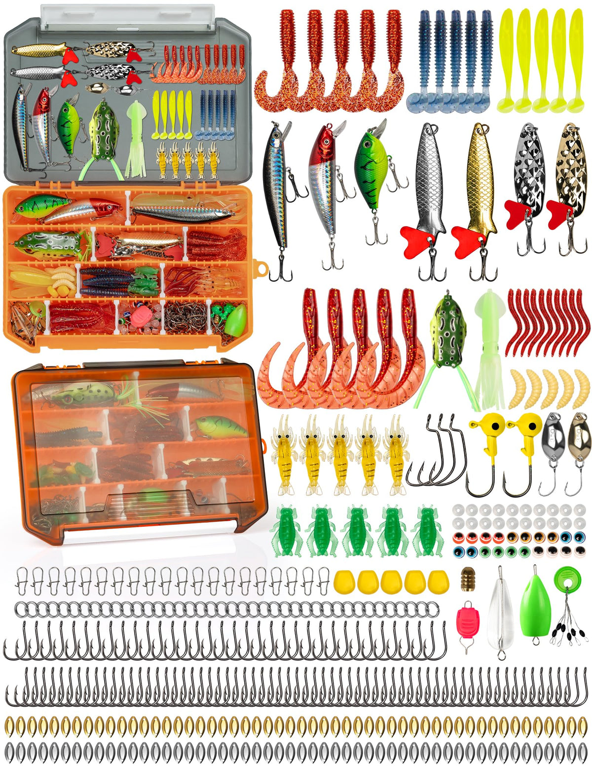 Pullther fishing Fishing Lures,380Pcs Tackle Box with Tackle Included, Fishing Gear with Frogs,Soft Baits, Hooks & Other Accessories,Fishing Bait Kit for Bass Trout
