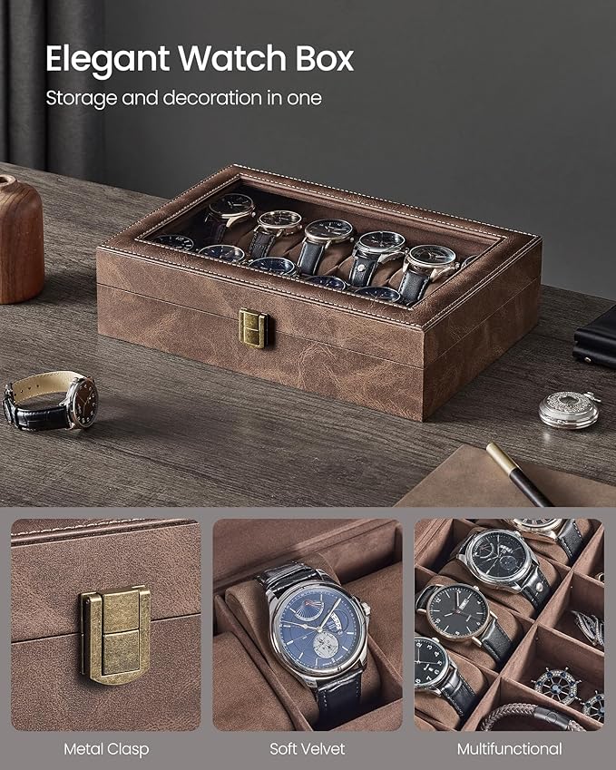 SONGMICS Watch Box, 12-Slot Watch Case Organizer with Large Glass Lid, Removable Pillows, Gift for Loved Ones, Coffee Brown Synthetic Leather, Coffee Brown Lining UJWB120KQ01S