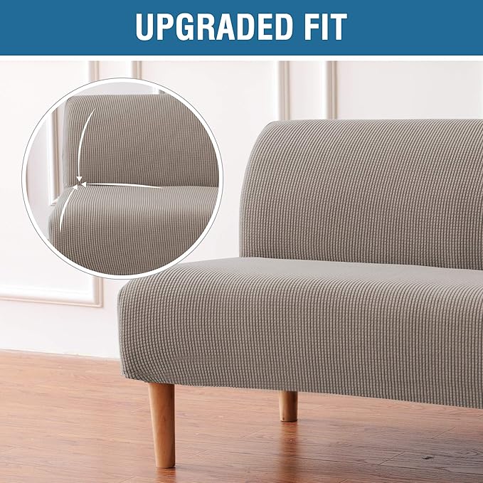 H.VERSAILTEX Armless Futon Cover Stretch Sofa Bed Slipcover Protector Elastic Feature Rich Textured High Spandex Small Checks Jacquard Fabric Futon Cover, Machine Washable, Taupe