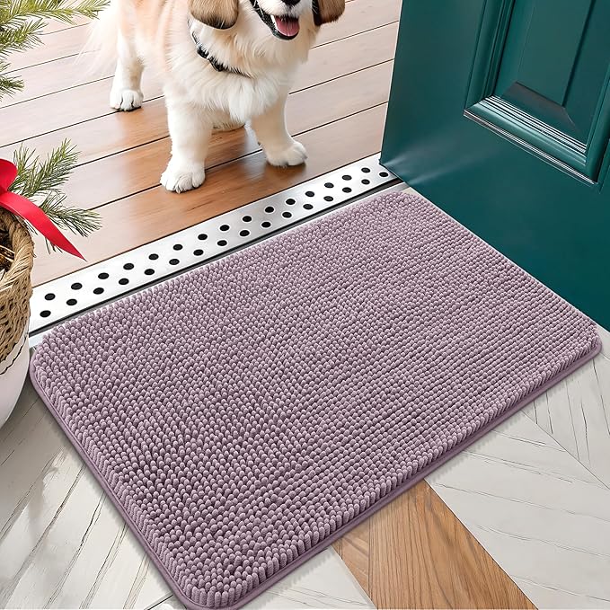 OLANLY Dog Door Mat for Muddy Paws 30x17, Absorbs Moisture and Dirt, Absorbent Non-Slip Washable Doormat, Quick Dry Chenille Mud Mat for Dogs, Entry Indoor Entryway Carpet for Inside Floor, Deep Plum