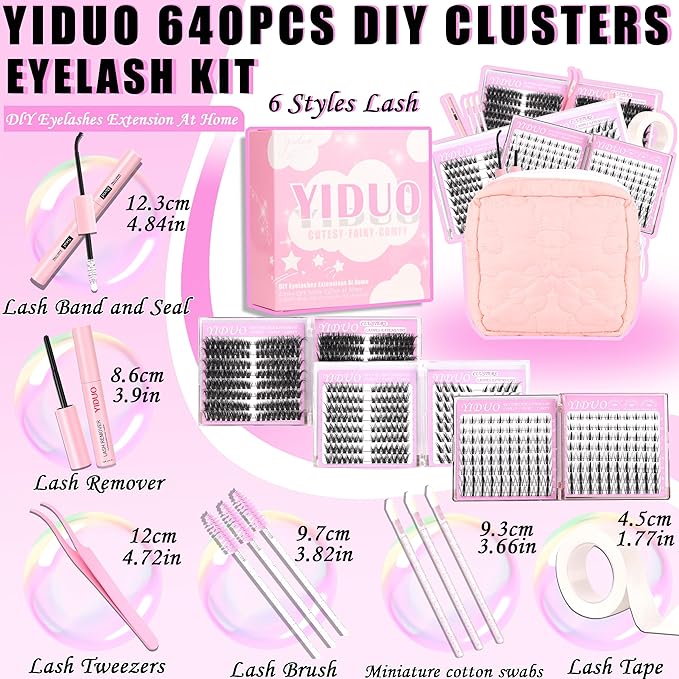 YIDUO 6 Styles Eyeash Clusters Kit Volume/Manga Portable Lash Makeup Bag Kit 8-18mm Cat-Eye Look Wispy Individual Eyelash Extensions, Volume Studio Effect Lashes Kit with Lash Bond and Seal
