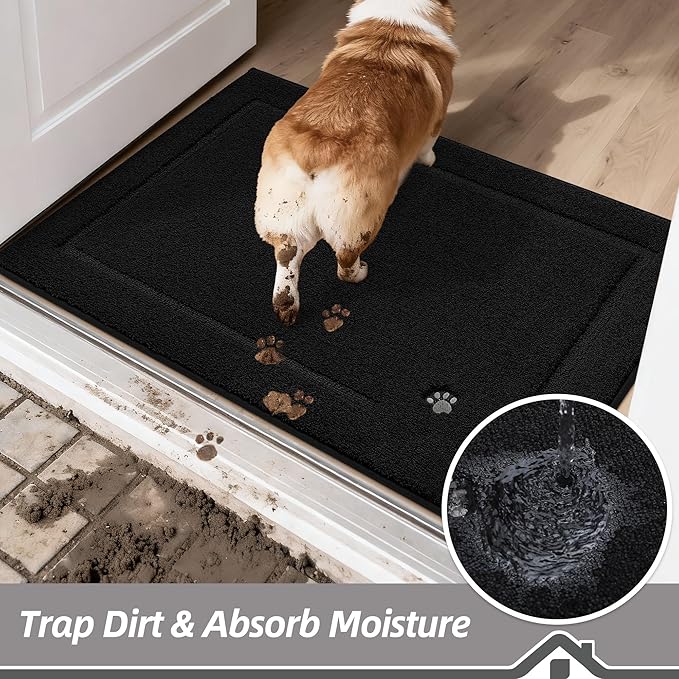BEQHAUSE Dog Door Mat for Mud Paws Dirt Trapper Doormat Non-Slip Entryway Rugs Absorbent Welcome Mat Washable Indoor Floor Mat Low-Profile for Front Door, 24" x 36", Black
