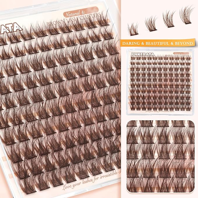 PHKERATA Brown Lash Clusters Wispy Brown Eyelash Clusters Wispy Lashes Clusters Natural C Curvature Cluster Eyelash Extensions 110 Pcs Individual Lashes DIY Cluster Lashes, 10-16 mm