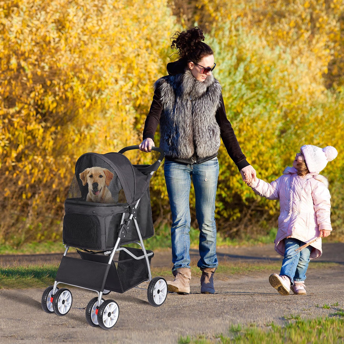 BBBuy 4 Wheels Foldable Pet Dog Cat Jogger Stroller Travel Carrier Strolling Cart w/Waterproof Cover Storage Basket Cup Holder & Removable Liner for Medium Small Cat Dog, Black