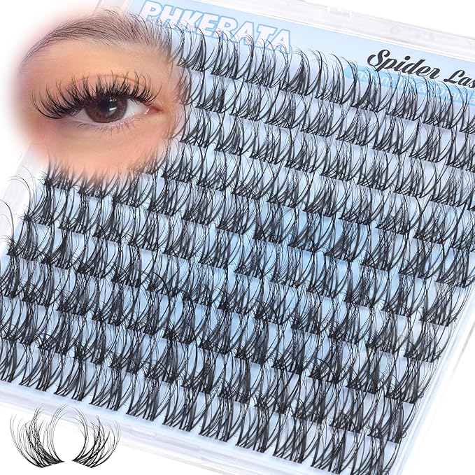 PHKERATA Spider Lash Clusters Natural Fluffy Eyelash Clusters, Wispy D Curl Cluster Eyelash Extensions with Invisible Clear Band, 12-16mm DIY Individual Lashes