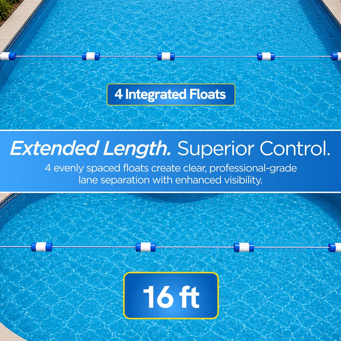 FibroPool Floating Pool Safety Rope - 16 Foot - Adjustable Length Lane Divider With Hooks for Swimming Pools - Equipment to Divide Swim Race Lanes - Buoy Line With 4 Integrated Floats